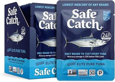Safe Catch Elite Tuna Wild-Caught Lowest Mercury Tuna Fish Pouch Gluten-Free Keto Food Non-GMO Kosher Paleo-Friendly High Protein Snack, No Water Oil Tuna, Pack of 12 Tuna Pouches 3oz