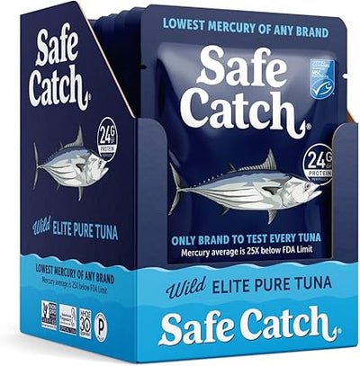 Safe Catch Elite Tuna Wild-Caught Lowest Mercury Tuna Fish Pouch Gluten-Free Keto Food Non-GMO Kosher Paleo-Friendly High Protein Snack, No Water Oil Tuna, Pack of 12 Tuna Pouches 3oz