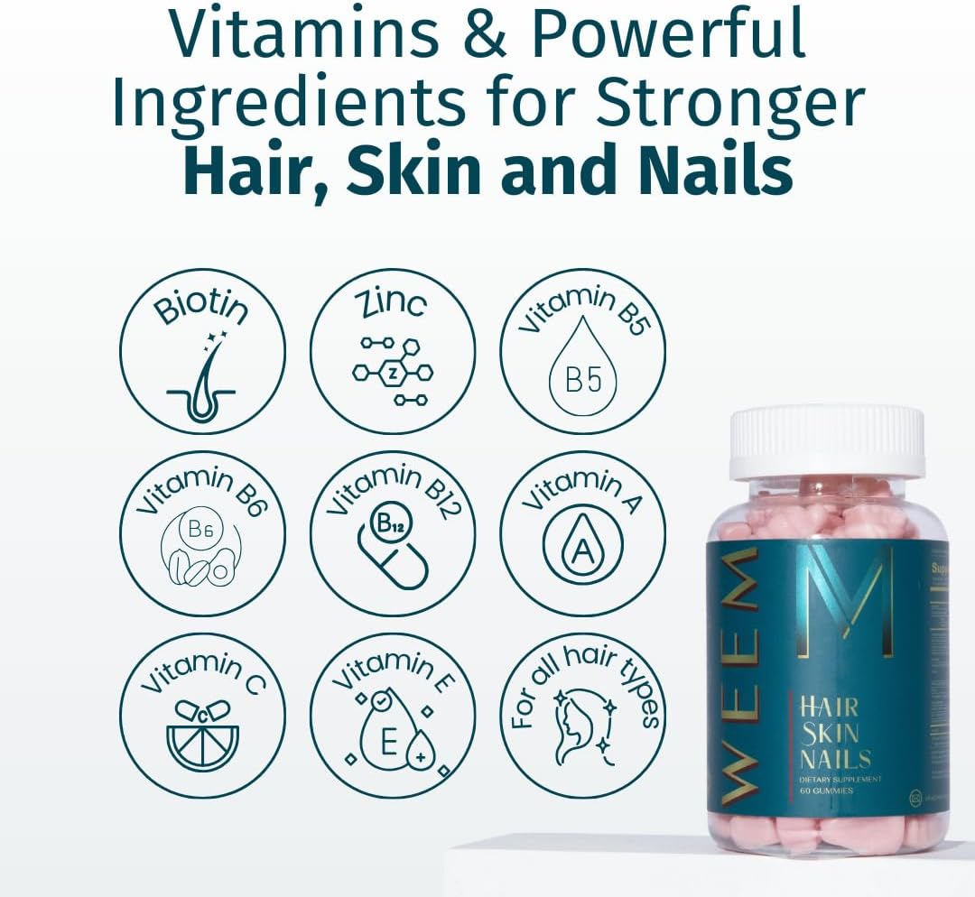 WEEM Hair, Skin & Nails Gummies, Supports Healthy Hair, Vegan Biotin Vitamins for Women & Men Supports Faster Hair Growth, Stronger Nails,