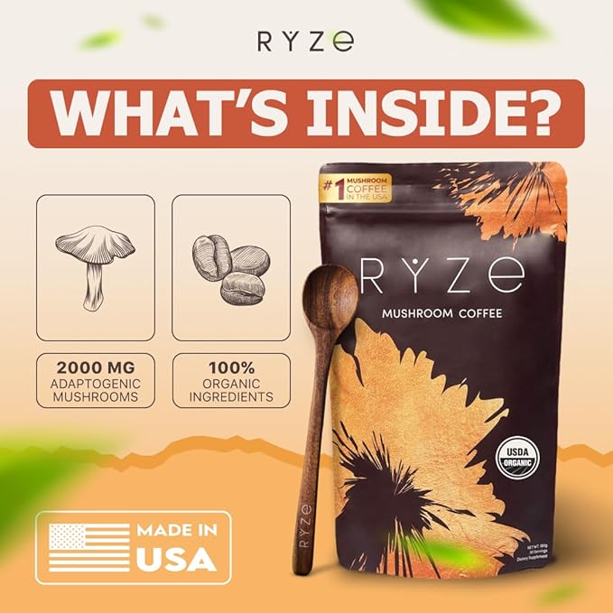 RYZE SUPERFOODS USDA Organic Mushroom Coffee with 6 Adaptogenic Mushrooms & MCT Oil, USA Grown Instant Coffee for Better Energy, Focus, Digestion, Immunity with Mane of Mushrooms