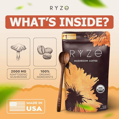 RYZE SUPERFOODS USDA Organic Mushroom Coffee with 6 Adaptogenic Mushrooms & MCT Oil, USA Grown Instant Coffee for Better Energy, Focus, Digestion, Immunity with Mane of Mushrooms