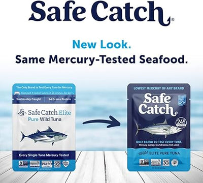 Safe Catch Elite Tuna Wild-Caught Lowest Mercury Tuna Fish Pouch Gluten-Free Keto Food Non-GMO Kosher Paleo-Friendly High Protein Snack, No Water Oil Tuna, Pack of 12 Tuna Pouches 3oz