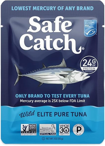 Safe Catch Elite Tuna Wild-Caught Lowest Mercury Tuna Fish Pouch Gluten-Free Keto Food Non-GMO Kosher Paleo-Friendly High Protein Snack, No Water Oil Tuna, Pack of 12 Tuna Pouches 3oz