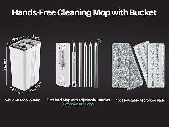 JOYMOOP Mop and Bucket Set with Wringer, Flat Mops for Floor Cleaning, Wall Mop Cleaner with Long Handle, Hardwood Floor Mop with 4 Microfiber Pads