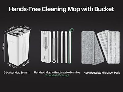 JOYMOOP Mop and Bucket Set with Wringer, Flat Mops for Floor Cleaning, Wall Mop Cleaner with Long Handle, Hardwood Floor Mop with 4 Microfiber Pads