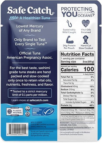 Safe Catch Elite Tuna Wild-Caught Lowest Mercury Tuna Fish Pouch Gluten-Free Keto Food Non-GMO Kosher Paleo-Friendly High Protein Snack, No Water Oil Tuna, Pack of 12 Tuna Pouches 3oz