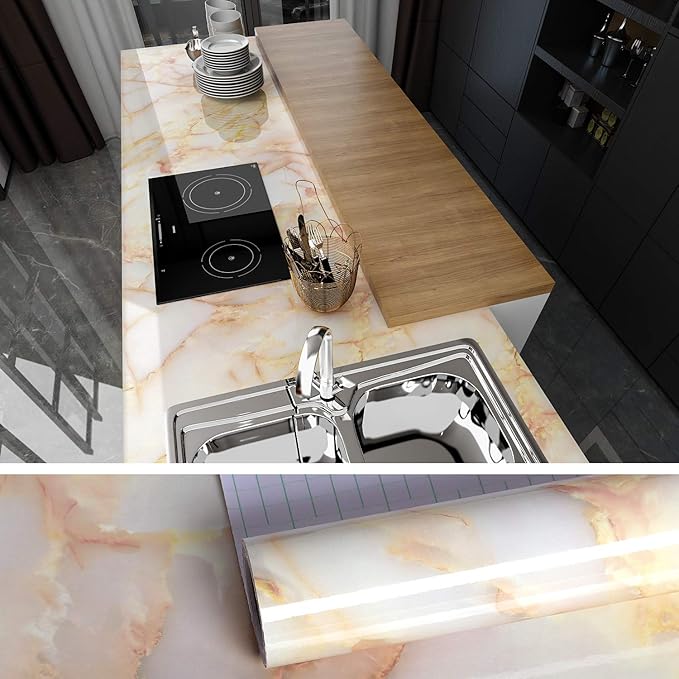 VEELIKE Gold Pink Marble Contact Paper Wallpaper Peel and Stick 15.74''x354.33'' Waterproof Removable Self-Adhesive Wall Covering for Countertop Cabinet Table