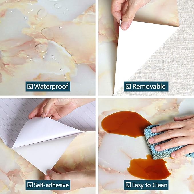 VEELIKE Gold Pink Marble Contact Paper Wallpaper Peel and Stick 15.74''x354.33'' Waterproof Removable Self-Adhesive Wall Covering for Countertop Cabinet Table
