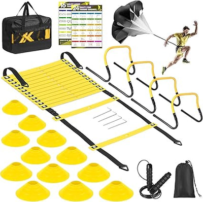 Agility Ladder, Soccer Speed Training Equipment, Football Practise Set with 20ft Ladder, 12 Cones, 4 Adjustable Hurdles, Jump Rope, Parachute, for Basketball, Football, Kids, Youth, Adults
