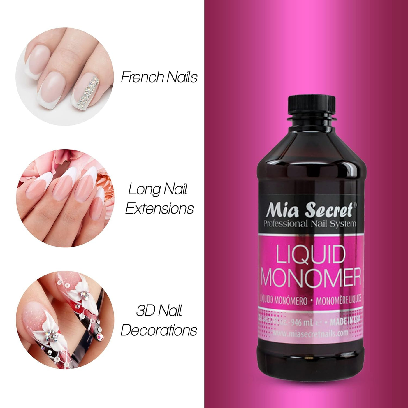32 oz Mia Secret Liquid Monomer - Professional Acrylic Nail Liquid for Acrylic Powder - EMA monomer acrylic nail liquid