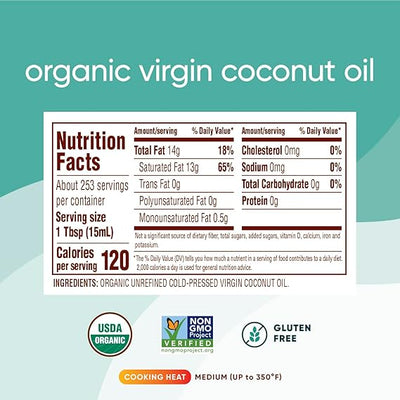 Nutiva Organic Cold-Pressed Virgin Coconut Oil, 1 Gallon, USDA Organic, Non-GMO, Whole 30 Approved, Vegan, Keto, Fresh Flavor and Aroma for Cooking & Healthy Skin and Hair