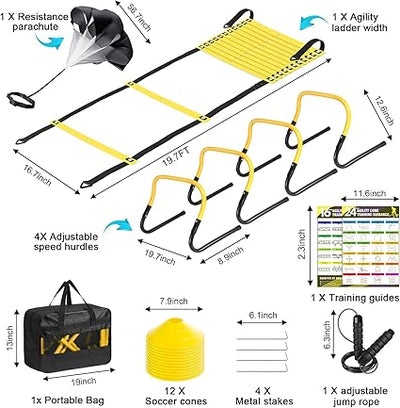 Agility Ladder, Soccer Speed Training Equipment, Football Practise Set with 20ft Ladder, 12 Cones, 4 Adjustable Hurdles, Jump Rope, Parachute, for Basketball, Football, Kids, Youth, Adults
