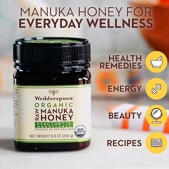 Wedderspoon Raw Organic Manuka Honey KFactor 16+, 8.8 Oz, Unpasteurized, Genuine New Zealand Honey, Multi-Functional, Non-GMO Superfood, Kfactor, Traceable from Our Hives to Your Home