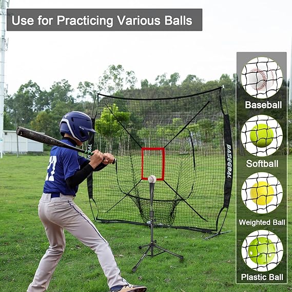 7'×7' Baseball Softball Practice Net,Baseball Backstop,with Batting Tee,for Hitting Pitching Batting Catching with Bow Frame,Bonus Strike Zone