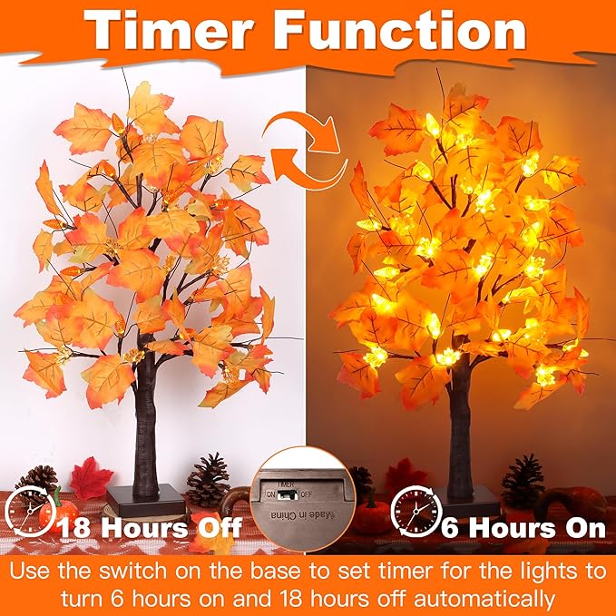 2 Pack 24 Inch Artificial Lighted Maple Tree with 48 LEDs Timer Fall Thanksgiving Decorations Battery Operated Prelit Maple Tree Table Lights for Thanksgiving Decor Home Indoor Autumn Harvest