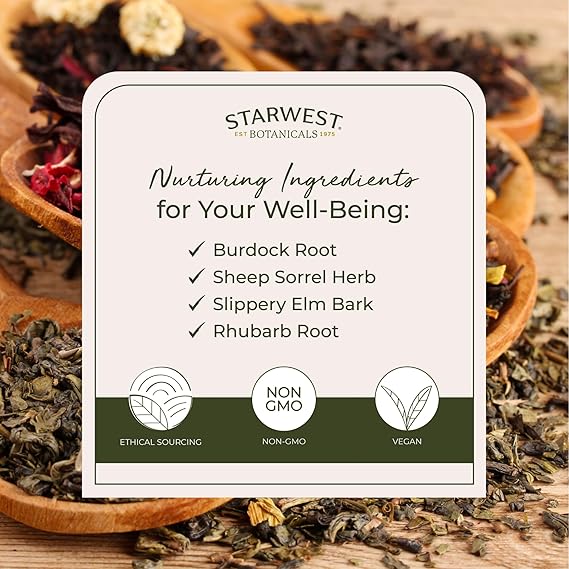 Starwest Botanicals Essiac Tea Organic - Caffeine Free Herbal Blend, Loose Leaf Burdock Root, Slippery Elm Bark, Sheep Sorrel, & Rhubarb, Certified Kosher, Non-GMO - Bulk 1 lb Bag