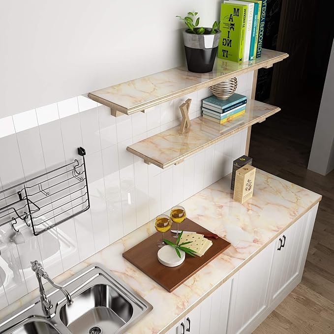 VEELIKE Gold Pink Marble Contact Paper Wallpaper Peel and Stick 15.74''x354.33'' Waterproof Removable Self-Adhesive Wall Covering for Countertop Cabinet Table