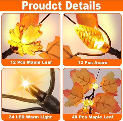 2 Pack 24 Inch Artificial Lighted Maple Tree with 48 LEDs Timer Fall Thanksgiving Decorations Battery Operated Prelit Maple Tree Table Lights for Thanksgiving Decor Home Indoor Autumn Harvest