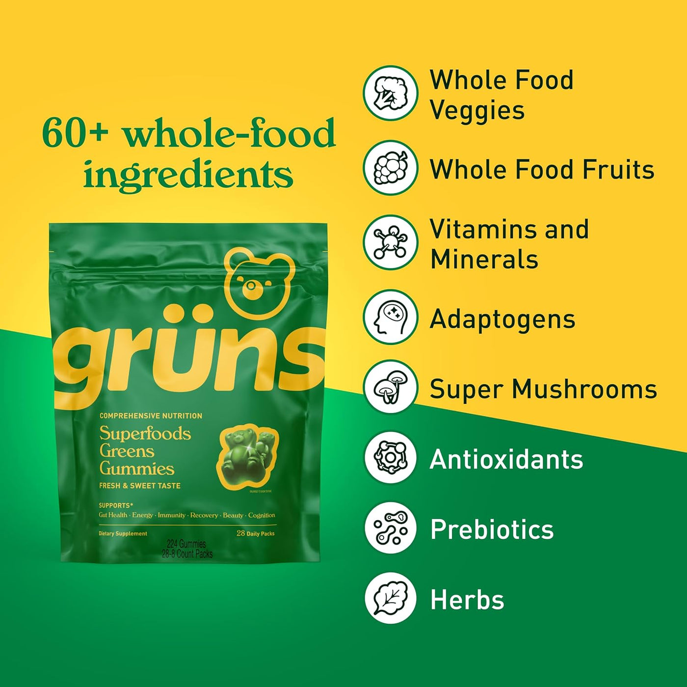 Super Greens - Daily Gummies with Organic Chlorella & Spirulina, Prebiotics for Digestive & Gut Health, Multivitamins & Minerals, 224 Gummies