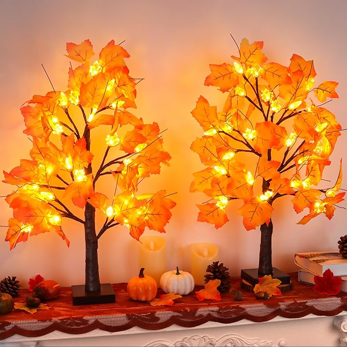 2 Pack 24 Inch Artificial Lighted Maple Tree with 48 LEDs Timer Fall Thanksgiving Decorations Battery Operated Prelit Maple Tree Table Lights for Thanksgiving Decor Home Indoor Autumn Harvest