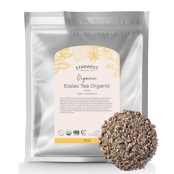 Starwest Botanicals Essiac Tea Organic - Caffeine Free Herbal Blend, Loose Leaf Burdock Root, Slippery Elm Bark, Sheep Sorrel, & Rhubarb, Certified Kosher, Non-GMO - Bulk 1 lb Bag