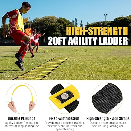 Agility Ladder, Soccer Speed Training Equipment, Football Practise Set with 20ft Ladder, 12 Cones, 4 Adjustable Hurdles, Jump Rope, Parachute, for Basketball, Football, Kids, Youth, Adults