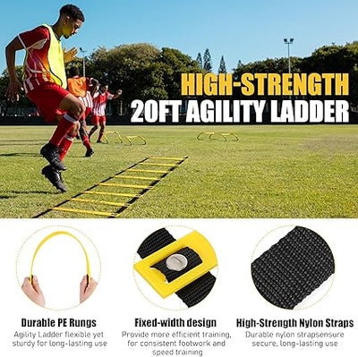 Agility Ladder, Soccer Speed Training Equipment, Football Practise Set with 20ft Ladder, 12 Cones, 4 Adjustable Hurdles, Jump Rope, Parachute, for Basketball, Football, Kids, Youth, Adults