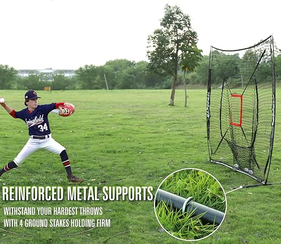 7'×7' Baseball Softball Practice Net,Baseball Backstop,with Batting Tee,for Hitting Pitching Batting Catching with Bow Frame,Bonus Strike Zone