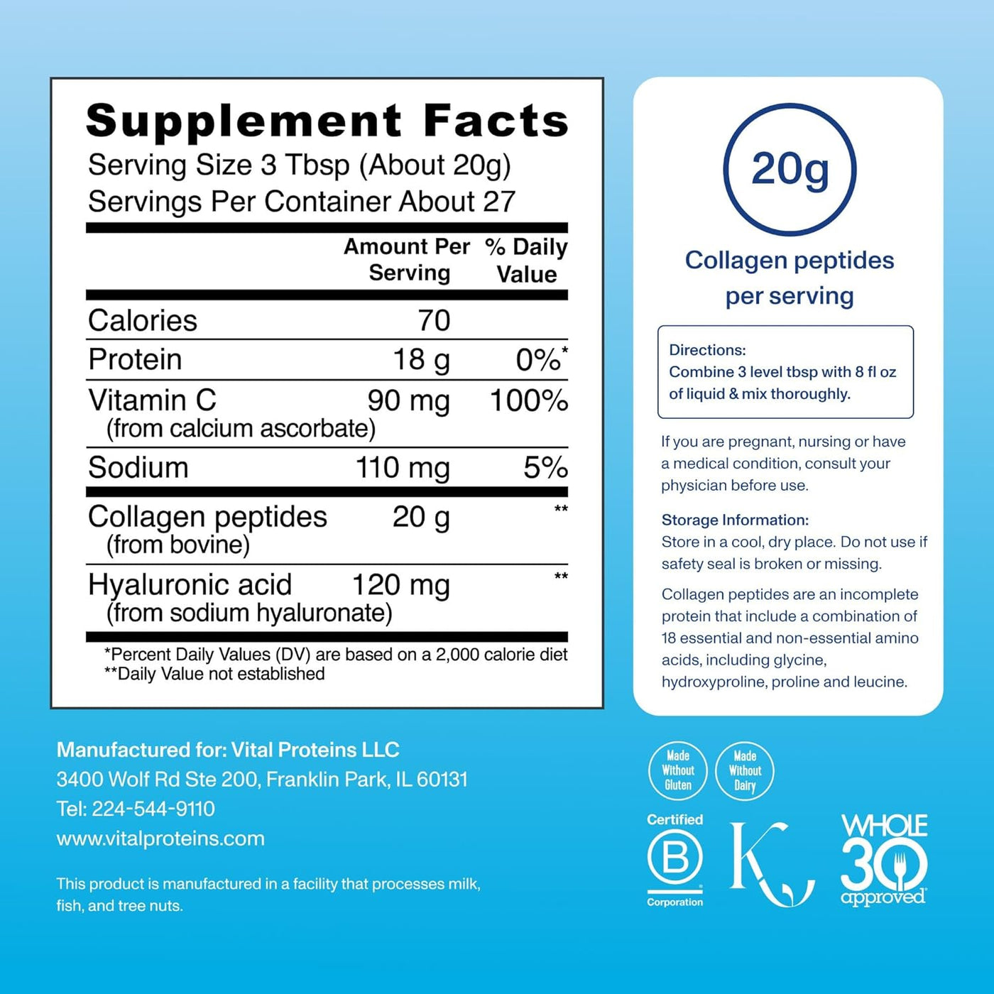 Vital Proteins - Collagen Peptides Powder, from Grass-Fed, Pasture-Raised Cows, Unflavored, 20 oz