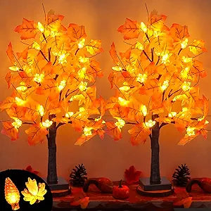 2 Pack 24 Inch Artificial Lighted Maple Tree with 48 LEDs Timer Fall Thanksgiving Decorations Battery Operated Prelit Maple Tree Table Lights for Thanksgiving Decor Home Indoor Autumn Harvest