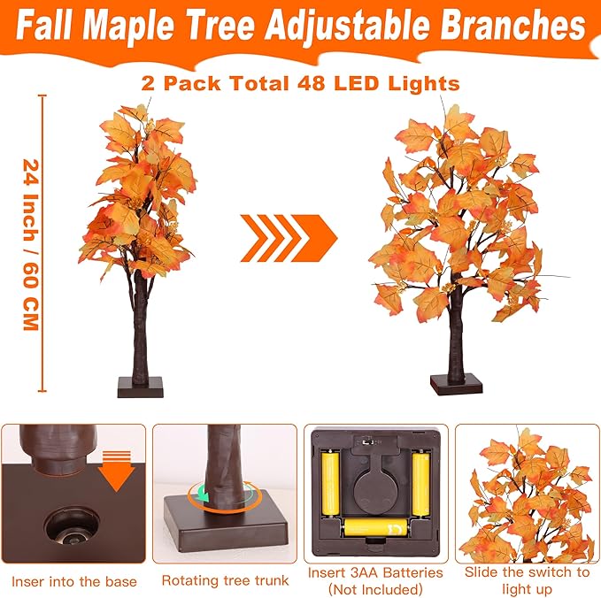 2 Pack 24 Inch Artificial Lighted Maple Tree with 48 LEDs Timer Fall Thanksgiving Decorations Battery Operated Prelit Maple Tree Table Lights for Thanksgiving Decor Home Indoor Autumn Harvest