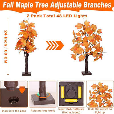 2 Pack 24 Inch Artificial Lighted Maple Tree with 48 LEDs Timer Fall Thanksgiving Decorations Battery Operated Prelit Maple Tree Table Lights for Thanksgiving Decor Home Indoor Autumn Harvest