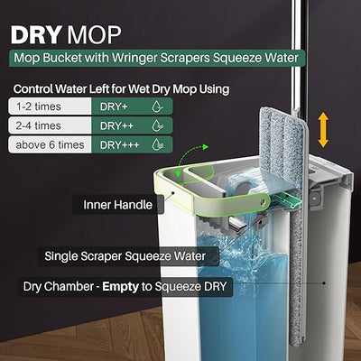 JOYMOOP Mop and Bucket Set with Wringer, Flat Mops for Floor Cleaning, Wall Mop Cleaner with Long Handle, Hardwood Floor Mop with 4 Microfiber Pads