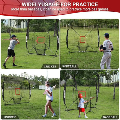 7'×7' Baseball Softball Practice Net,Baseball Backstop,with Batting Tee,for Hitting Pitching Batting Catching with Bow Frame,Bonus Strike Zone