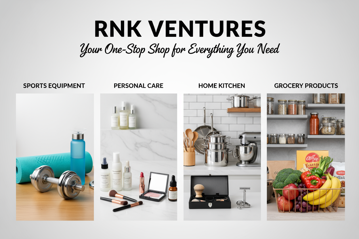 Sports, personal care, home kitchen, grocery products with store name and tagline 